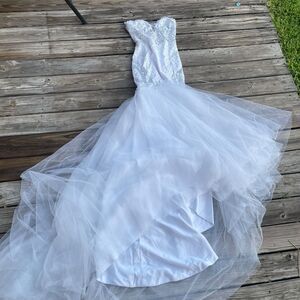 Vintage Style Illusion Back Lace Bridal Gown Trumpet Tulle Train White Size XS